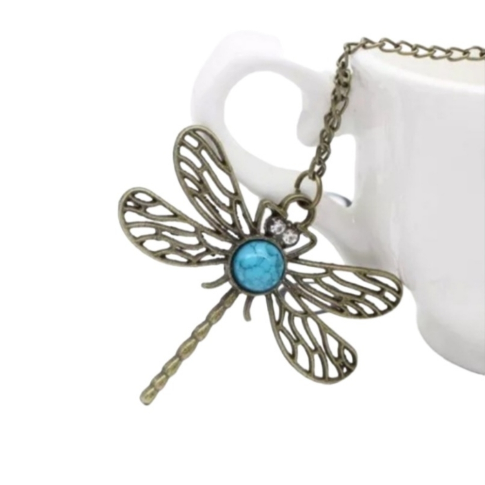 DRAGONFLY Long Chain Bronze Turquoise Sweater Necklace Retro Boho Hippie - Picture 7 of 11